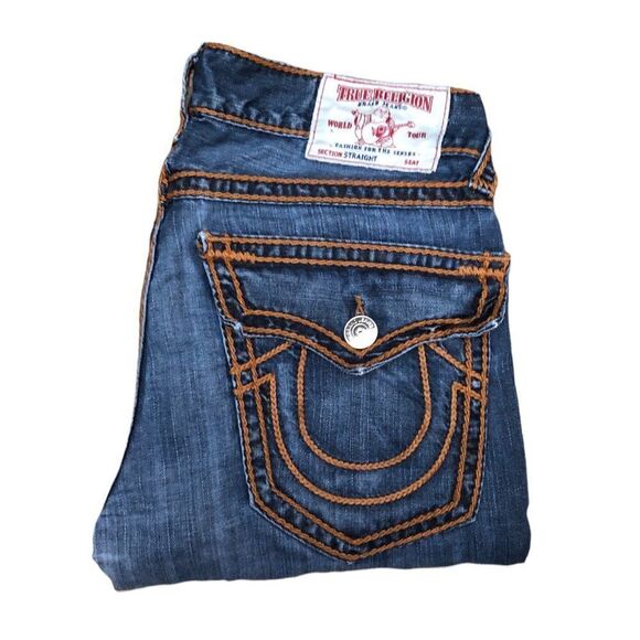 Rare True Religion Jeans Size 34 STRAIGHT ORANGE STITCH - Picture 5 of 15